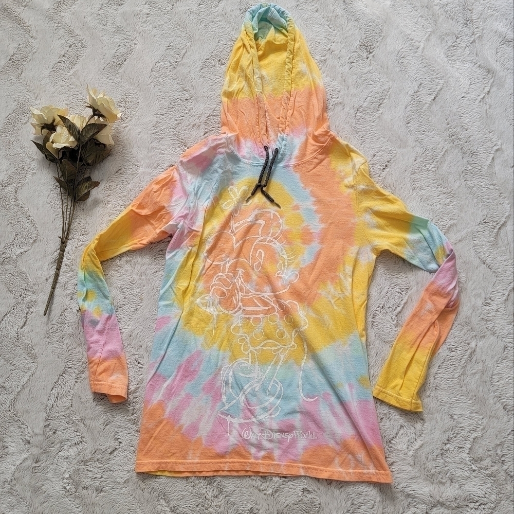 Disney Parks Minnie Mouse Flower Hat TieDye Cotton Drawstring Hoodie Sz S